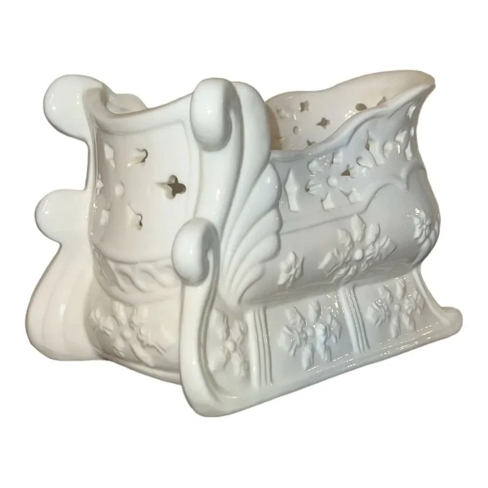 Ceramic sleigh candy dish, basket with Holly bow and snowflakes